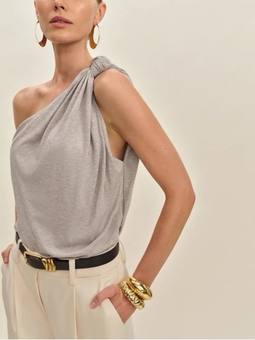 Reformation One-Shoulder Knot Top in Light Gray